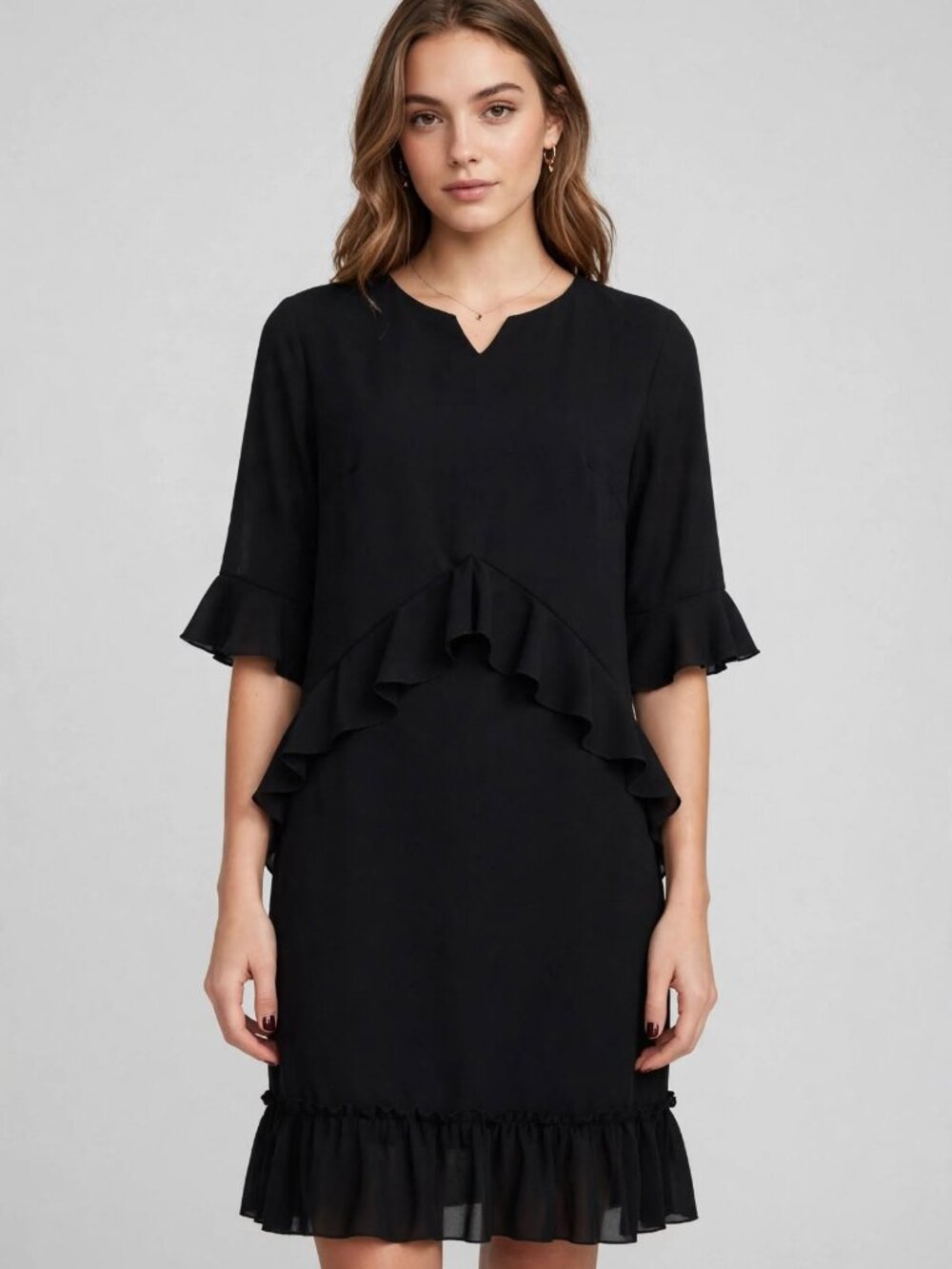 Cherfly Black Ruffle Shift Dress Women's Small New with Tags